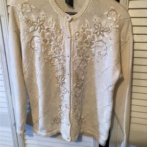 Embroidered Pearl-Button Cream Women's Sweater Cardigan, size large